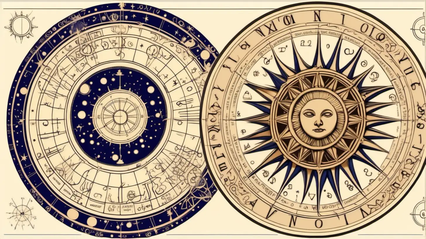 the astronomical cycles and zodiac wheel, two different drawings from a astrological wheel with the sun,  mystic mechanisms, navy blue and dark beige, loose lines , muted colors