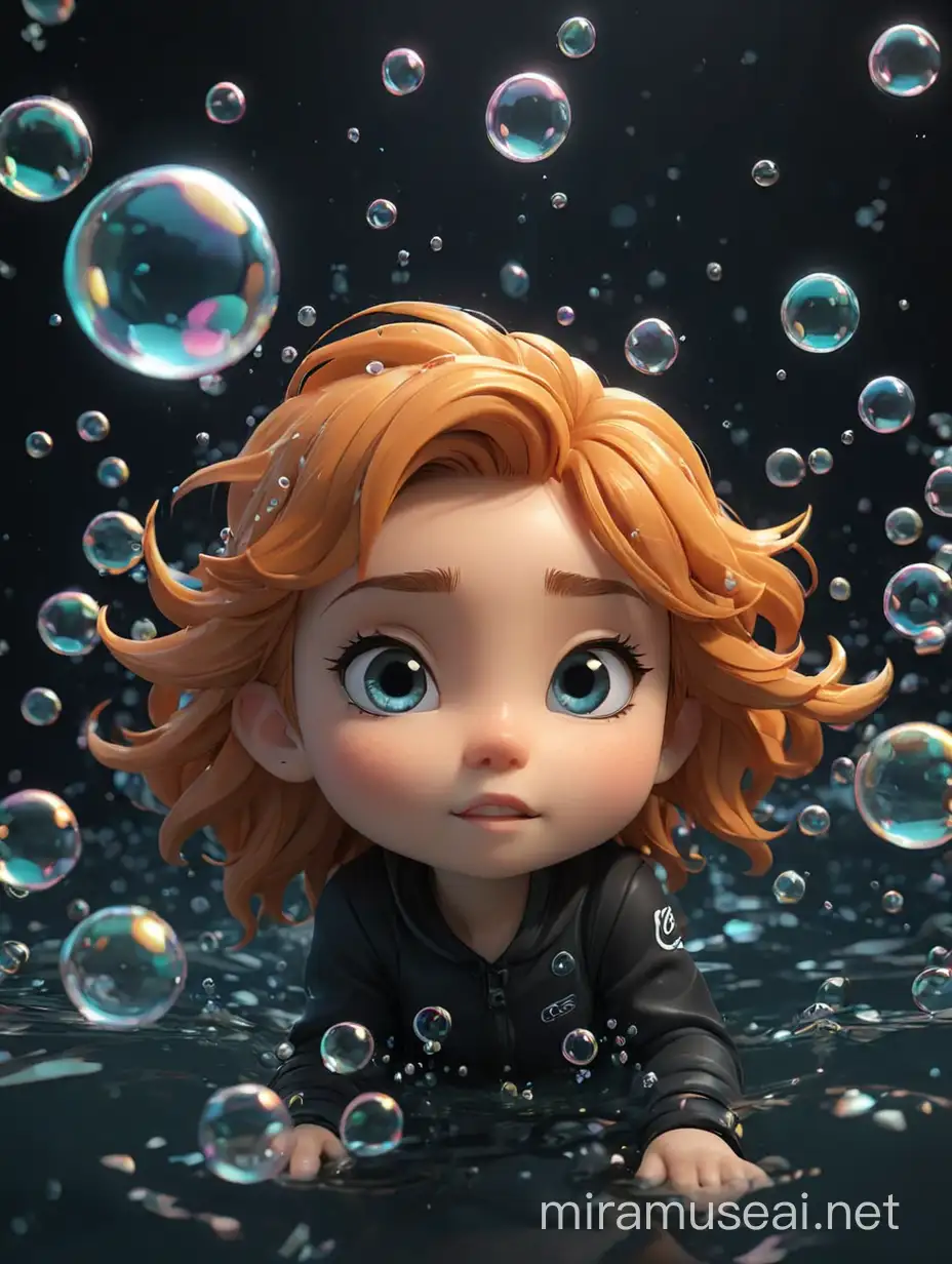 Chibi Underwater Bubbles Playful 3D Rendered Design on Black Background