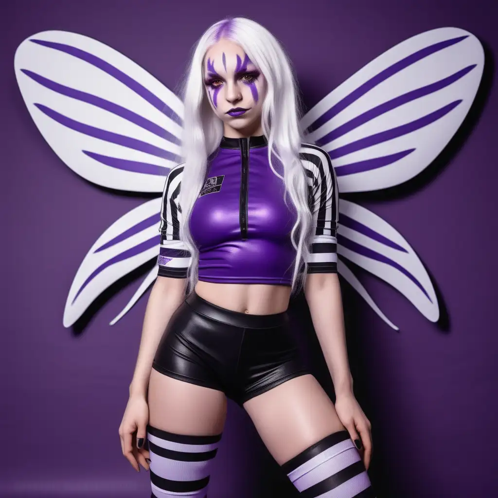 purple skinned pretty girl with purple skin, long white hair, black sport shorts, white black striped wrestling referee shirt, purple vibrating dragonfly wings