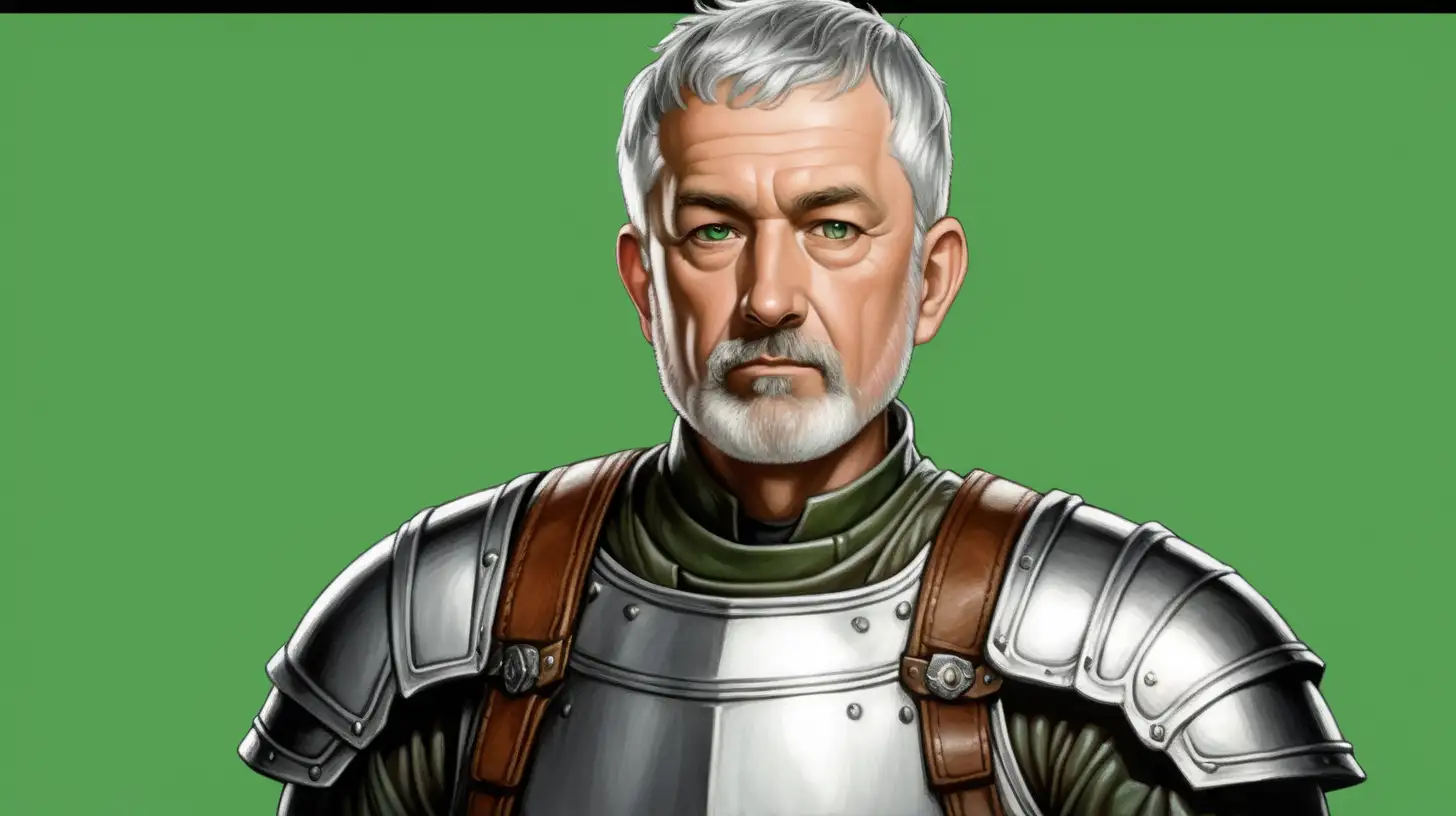 white middle aged man smuggler with very short grey hair and a very short grey beard, with no other people in the image, in leather armor with no sleeves, with a green screen background