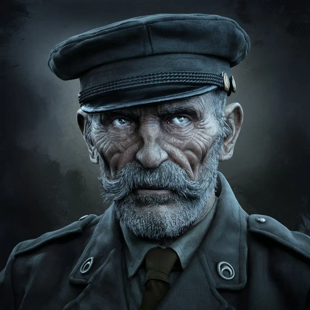 Пожилой мужчина в мундире, с тощими чертами лица и седой бородой, грубым взглядом и впалыми глазами, с прищуренным взглядом и смотрит из под лобья
