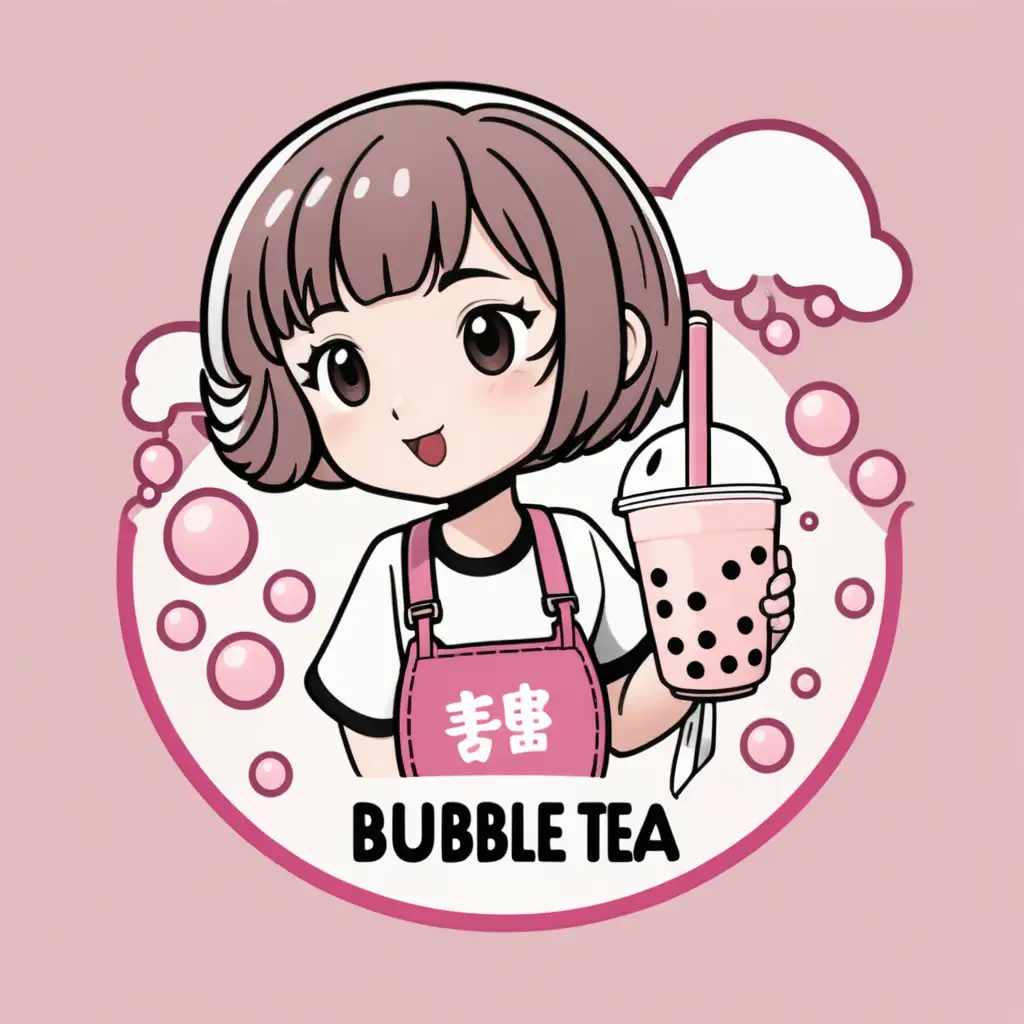 Cartoon Bubble Tea Logo with ShortHaired Girl Holding Drink