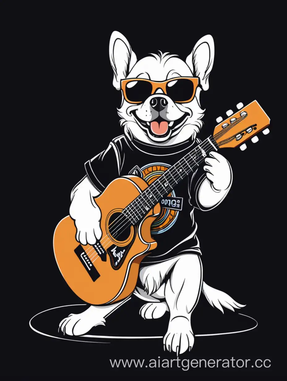 Vector t-shirt design dog play guitar, on black background, picture full HD, 4k, كهربائية 