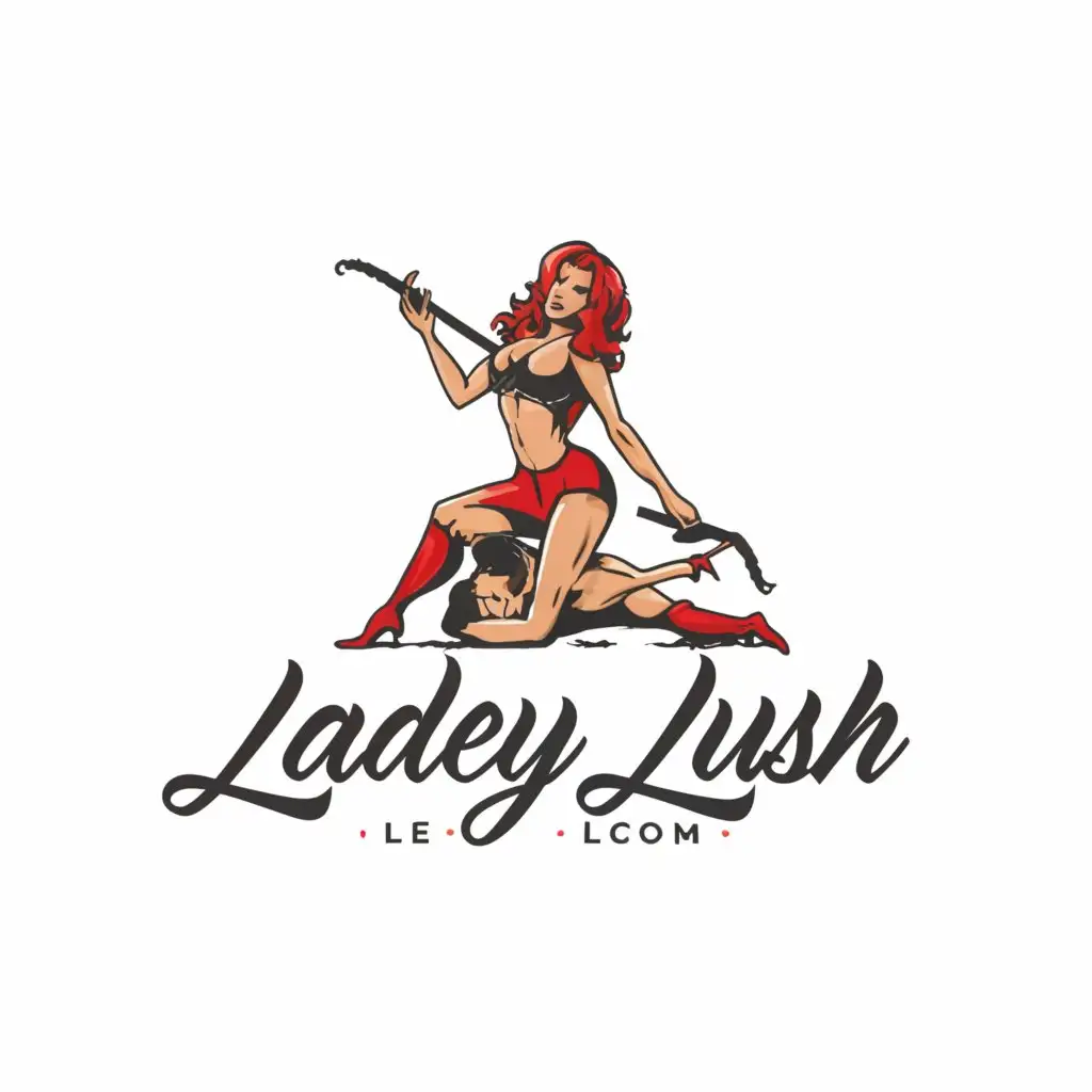 a logo design,with the text "LadeyLush.com", main symbol:sexy lady in heels and whip with man on floor,complex,be used in Entertainment industry,clear background