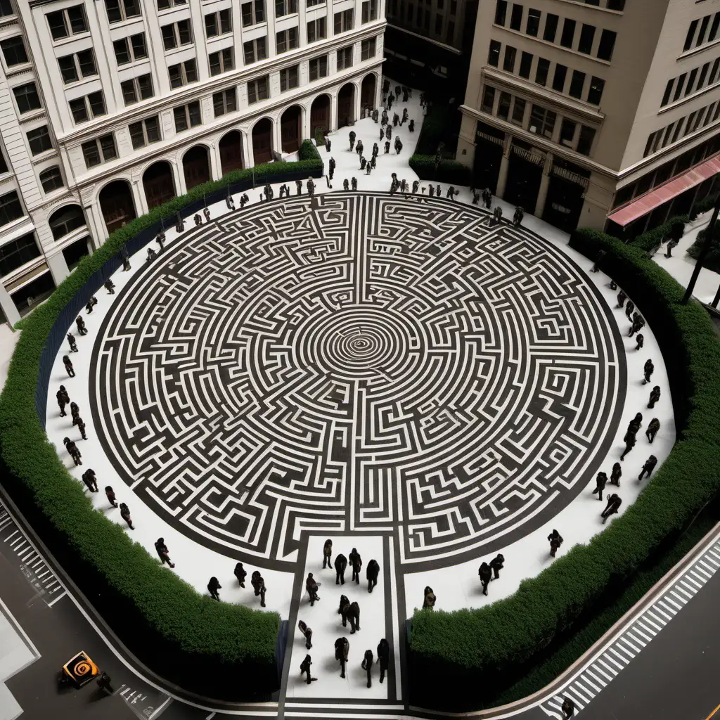 an urban labyrinth adorned with minotaur symbols. Buildings feature minotaur murals, and the streets are marked with labyrinthine patterns. The central gathering area showcases a towering statue of a minotaur, symbolizing the mob's dominance. The atmosphere is charged with a sense of strategic chaos, blending urban aesthetics with the mystique of a mythical maze where the Minotaur Marauders Mob asserts its formidable presence.