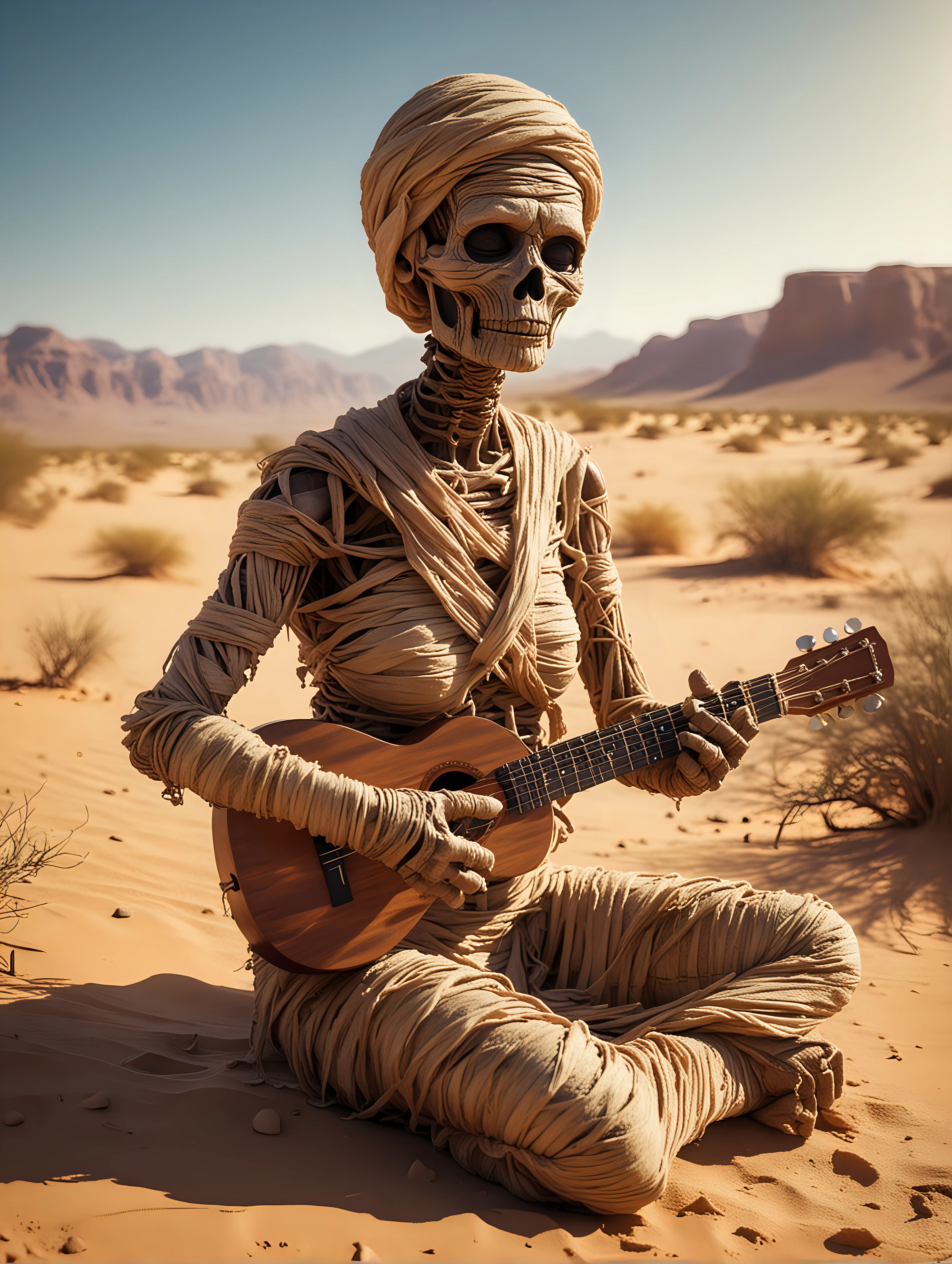 "Close-up view of a mummy in the midst of a desert, strumming delicately on a ukulele. The gentle strings echoing through the barren landscape under the bright day sun.
