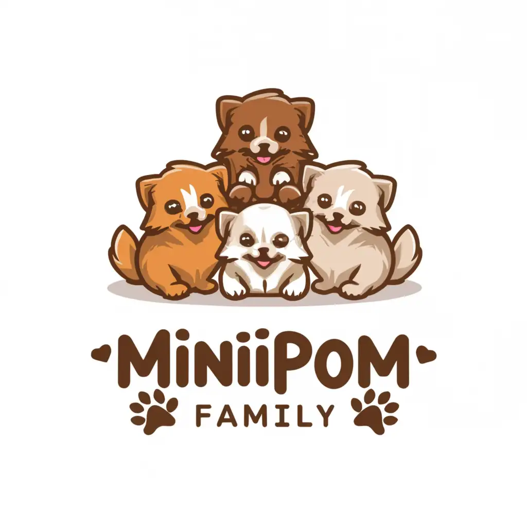 a logo design,with the text "minipom family", main symbol:4 dogs pom teacup white and brown,Moderate,clear background