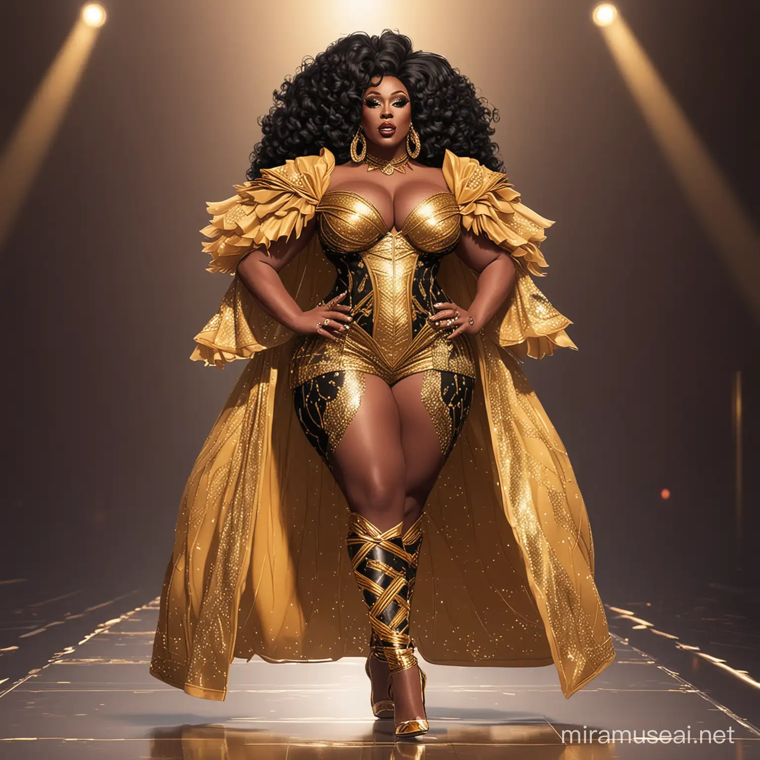 a full body image of a fat african american anime inspired drag queen walking on the Rupaul's Drag race runway wearing an outfit inspired by the prompt: black and gold