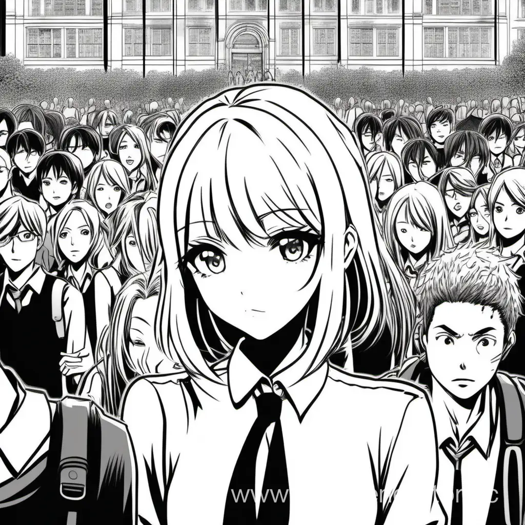Blonde-Girl-with-Hidden-Orange-Stands-Amid-University-Crowd-Monochrome-Manga-Scene