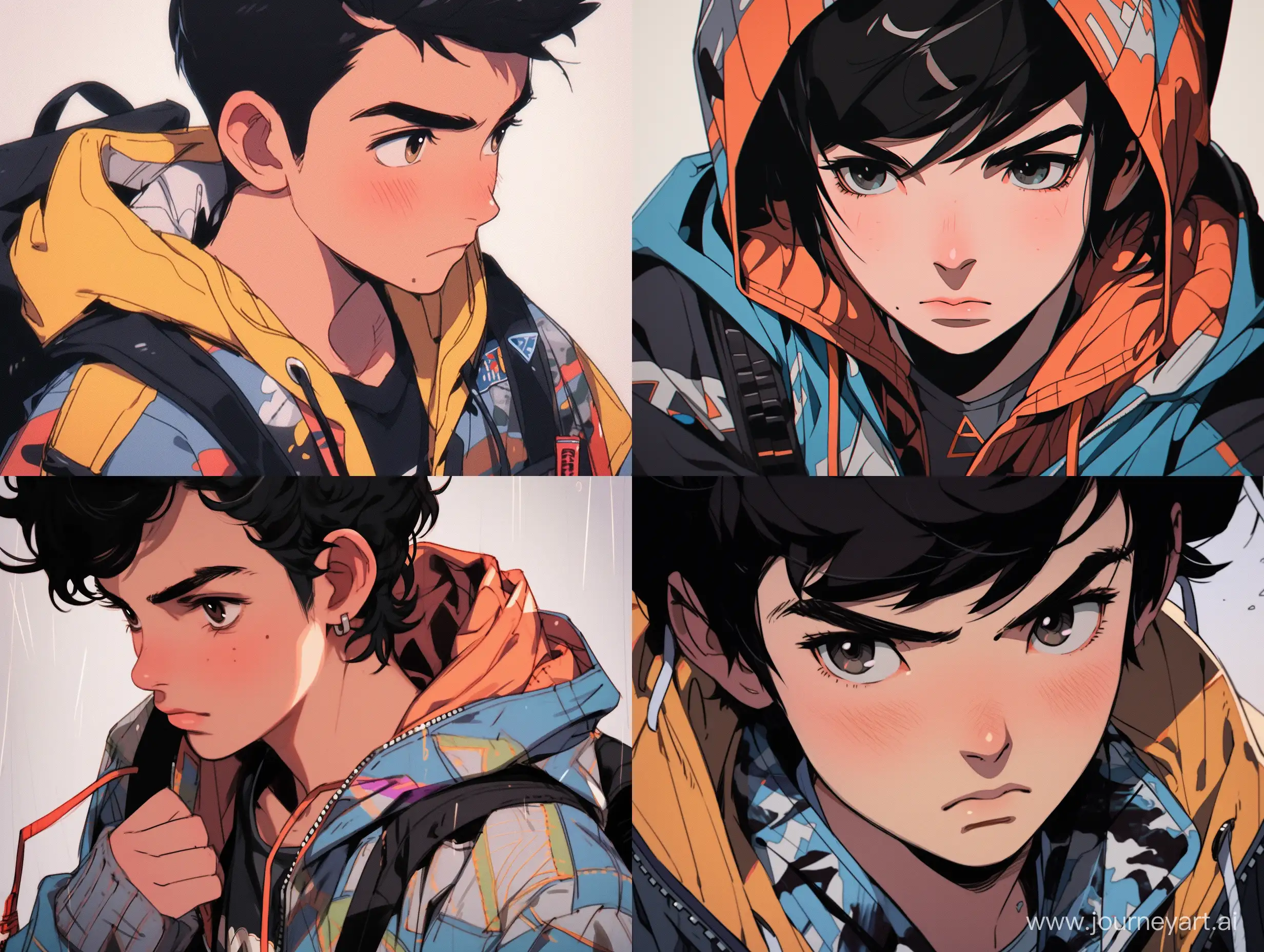 young guy with black hair and jacket, jojolion style face, hirohiko araki draw style with octane render, --s 750 --niji 5