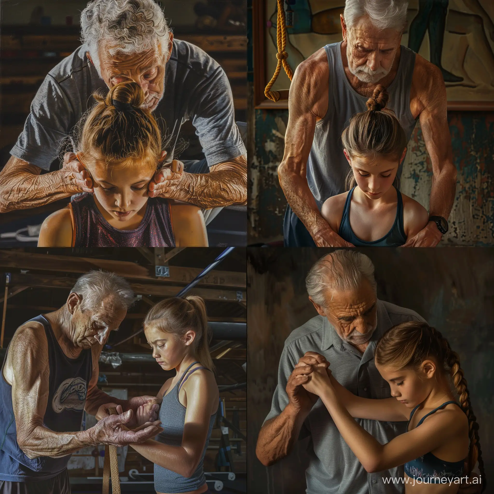 grandfather helps a 11yo daughter during gymnastic exercises , he supports her with his hands, photorealism, 