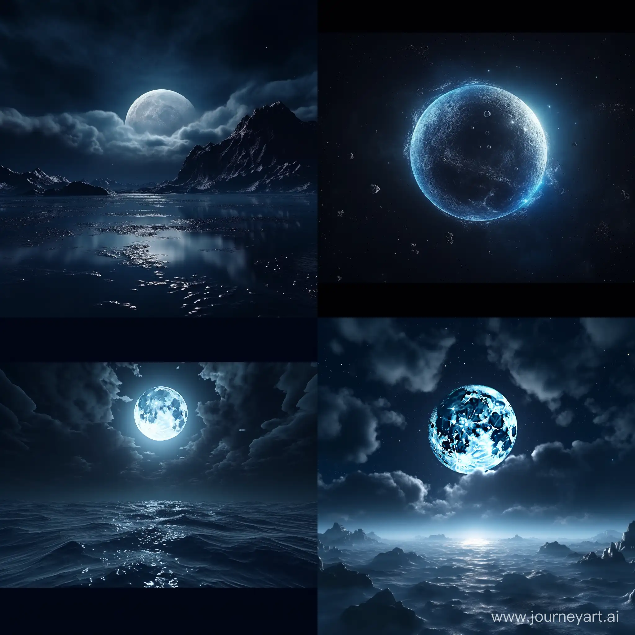 A big blue moon in a dark sky. 3D animation 