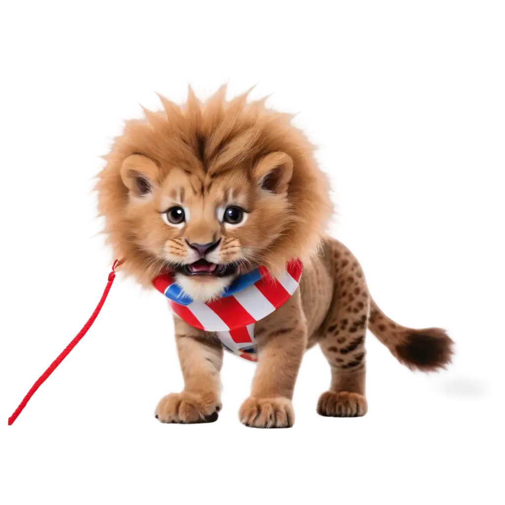 smiling lion on a leash around his neck wearing clothes with blue, white and red stripes