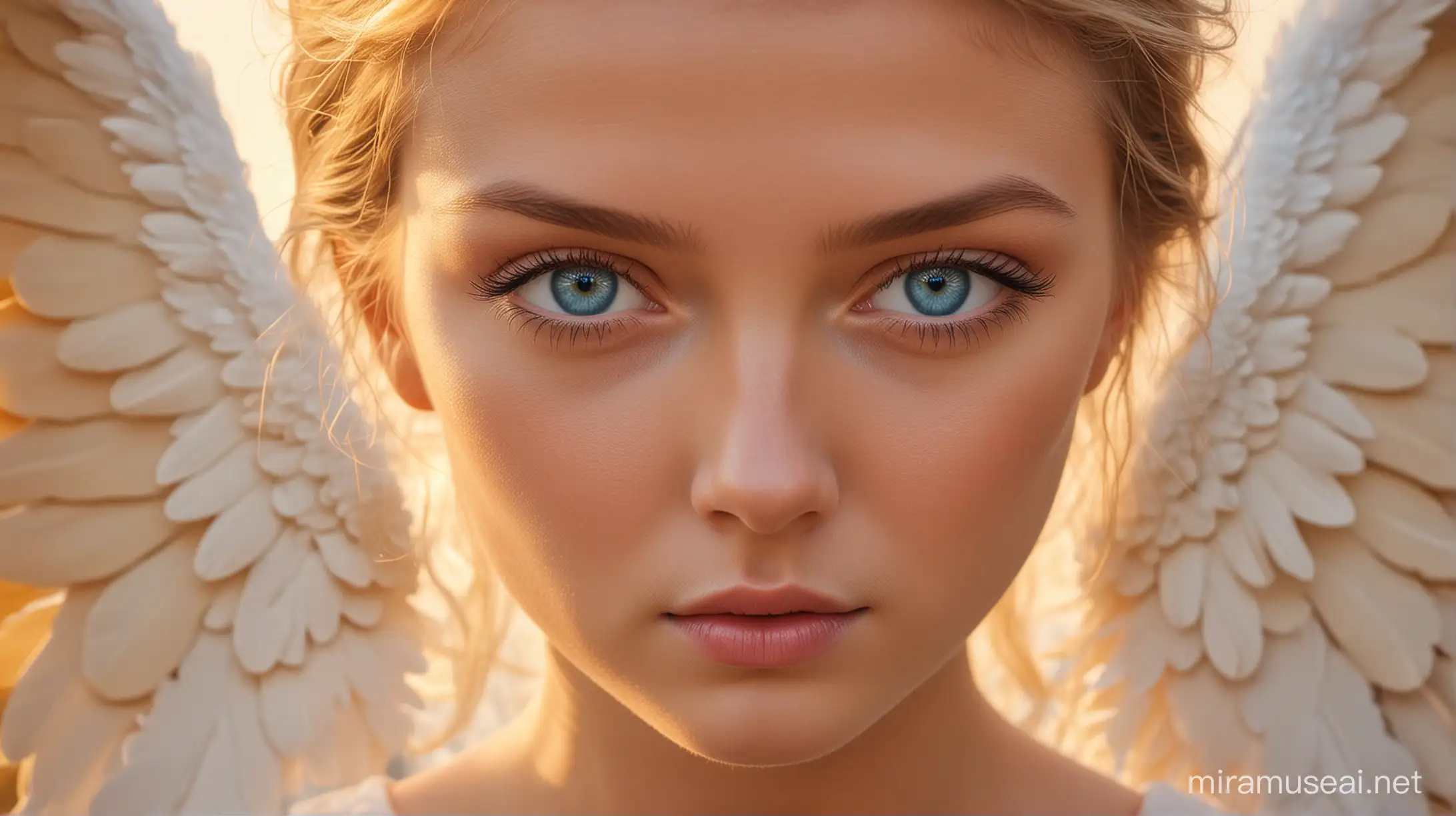 Close-up, angel with blue eyes, hd, realistic, Mystery Scene, Golden Hour Photography, warm color palette, Symmetrical
color
