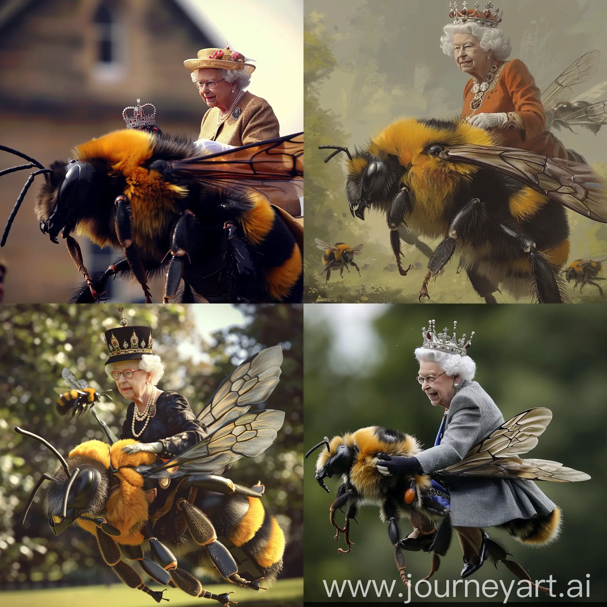 The Queen of England riding a giant bee.
