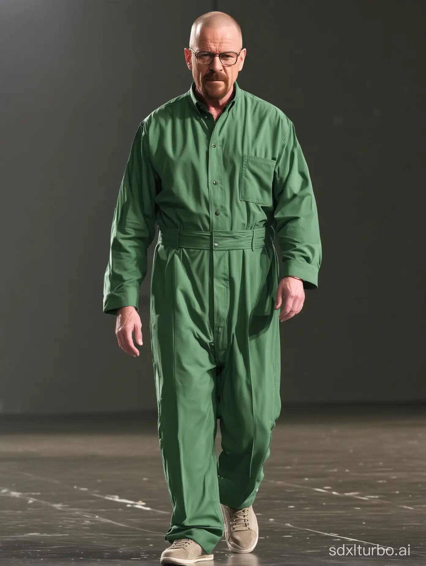 Walter White from Breaking Bad walks the runway wearing a green outfit.