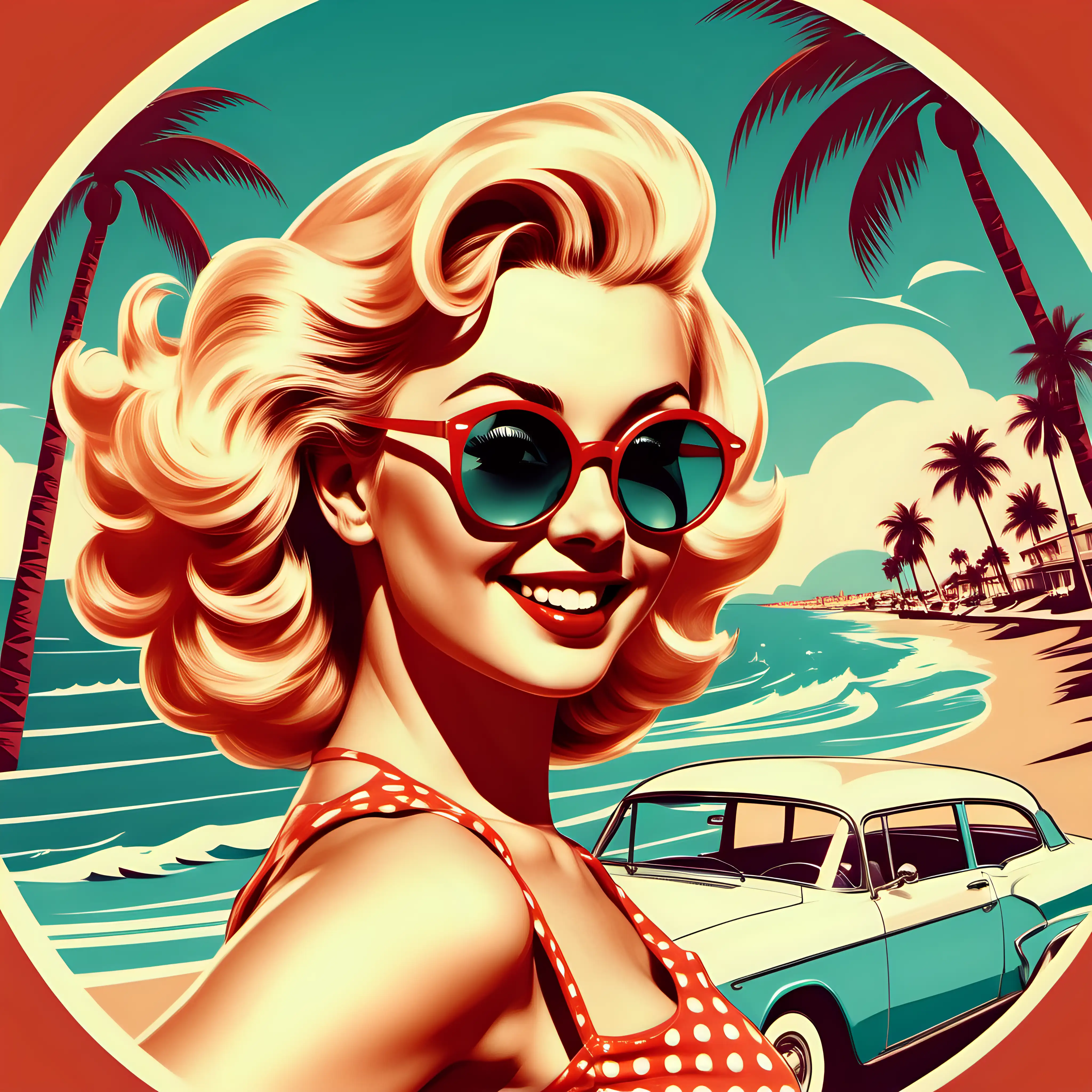 Vintage Pinup Retro Poster with Beach Reflections