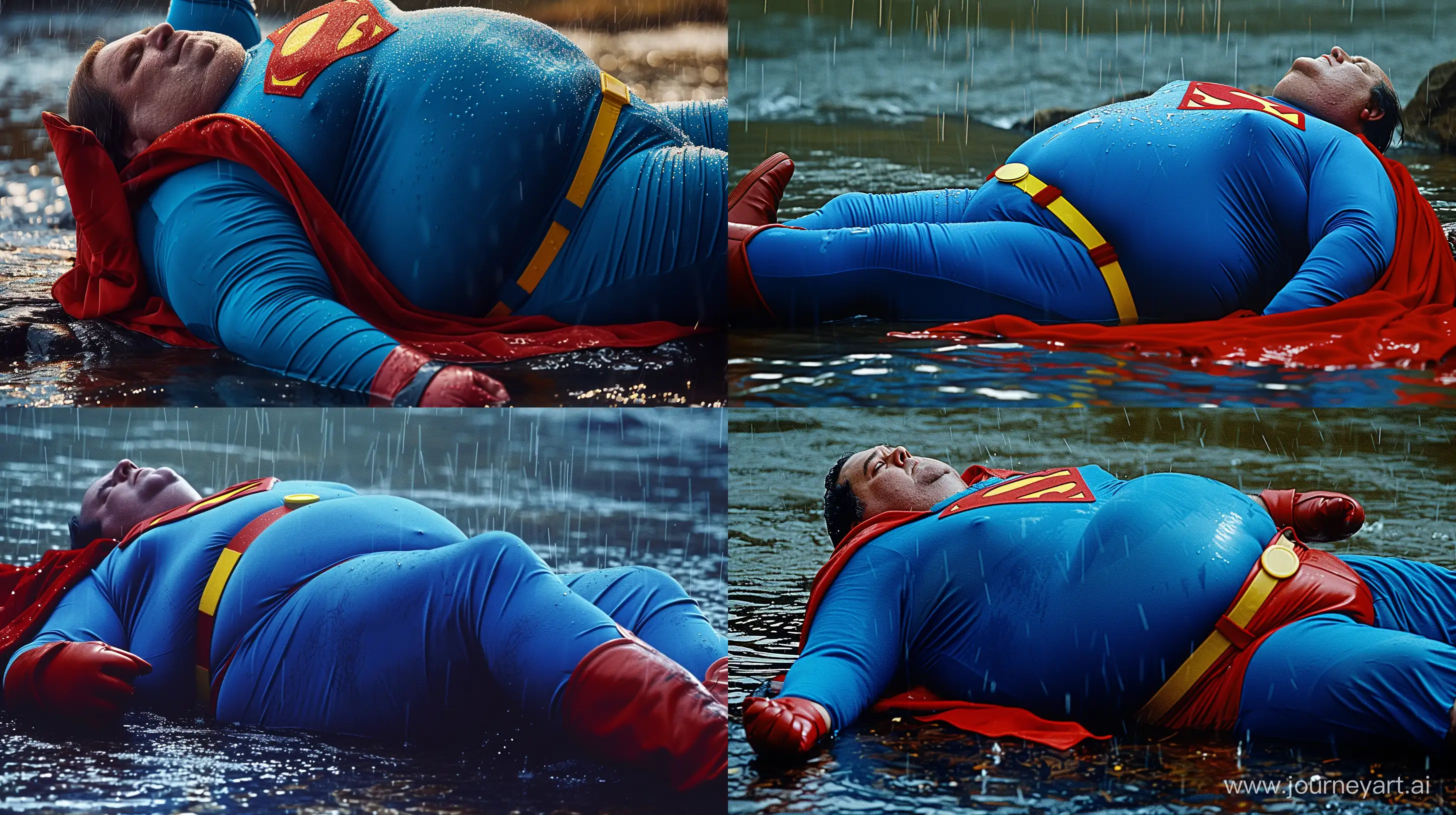 Close-up photo of a fat man aged 60 wearing a tight blue 1978 smooth superman costume with a red cape and tight red gag lying in the rain. Blue shirt. Blue pants. Red boots. Red Trunks. Yellow Belt. Natural Light. River. --style raw --ar 16:9