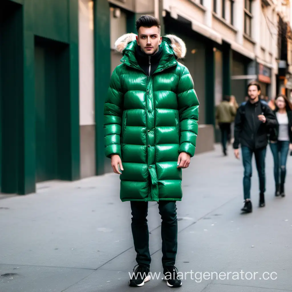 Man-Wearing-Long-Green-Down-Jacket-Walking-on-City-Street