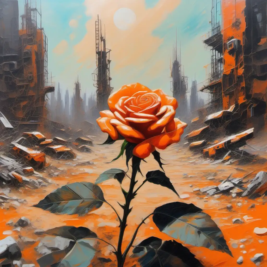 A beautiful day in a post-apocalyptic wasteland, merging elements of retro futuristic , anachronism with a color scheme dominated by orange and granite , an orange rose is growing , oil painting, strong brush strokes