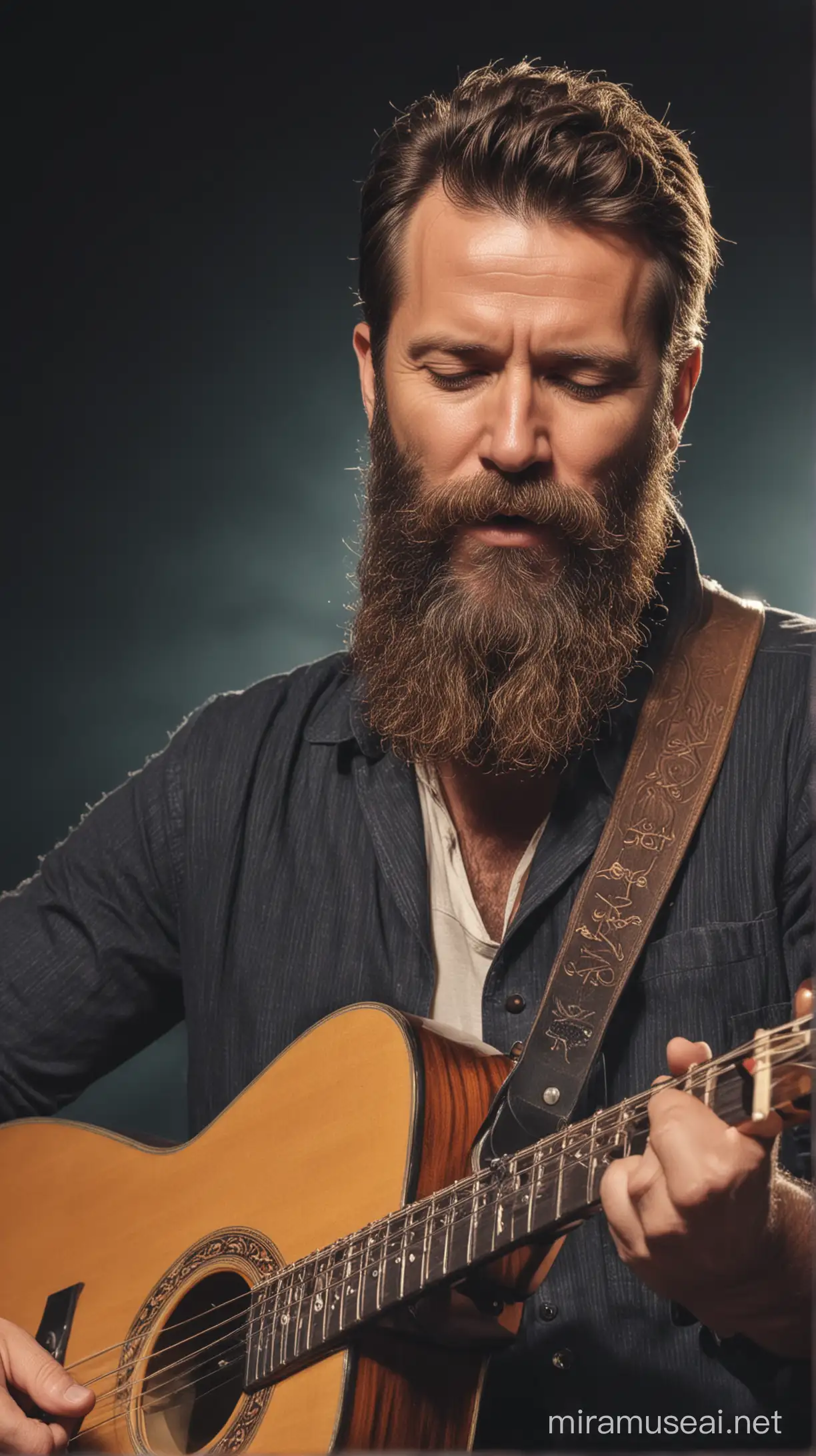 46 years old handsome beard man sing with guitar on the stage