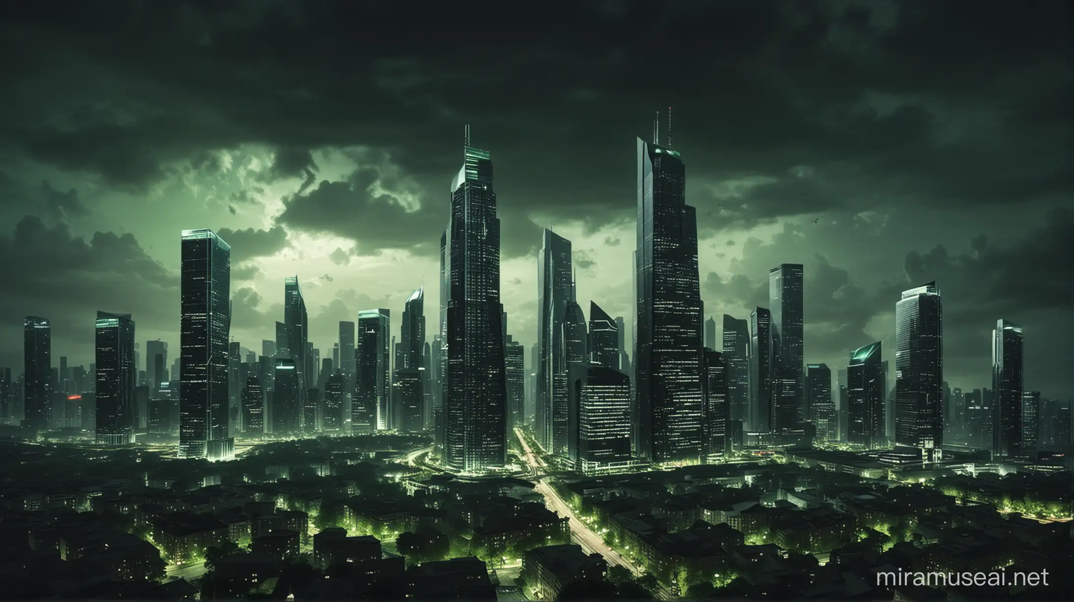 Majestic Cityscape at Dusk Towering Green Skyscrapers in Dark Background