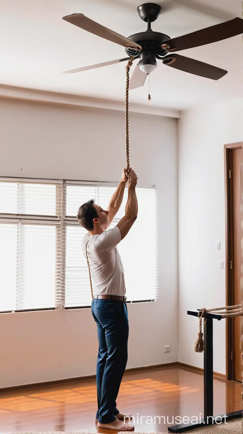 A man is standing in the room holding a rope tied below the fan.
