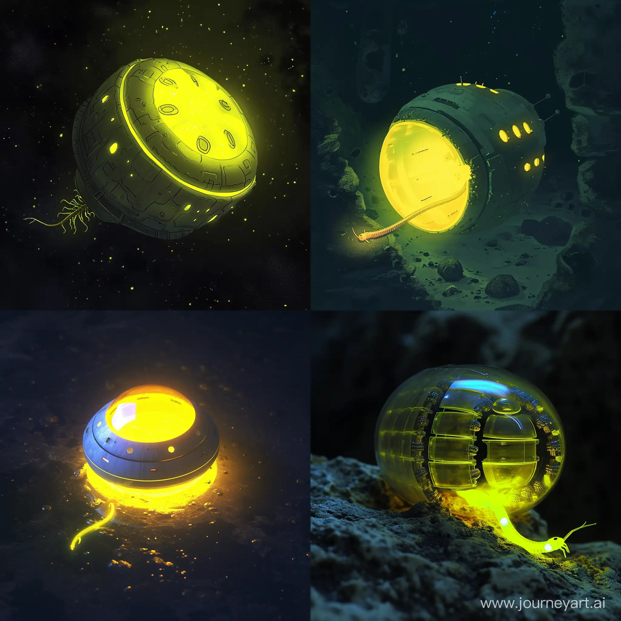 Small round spaceship glowing yellow in space nanomachine swam glow worm