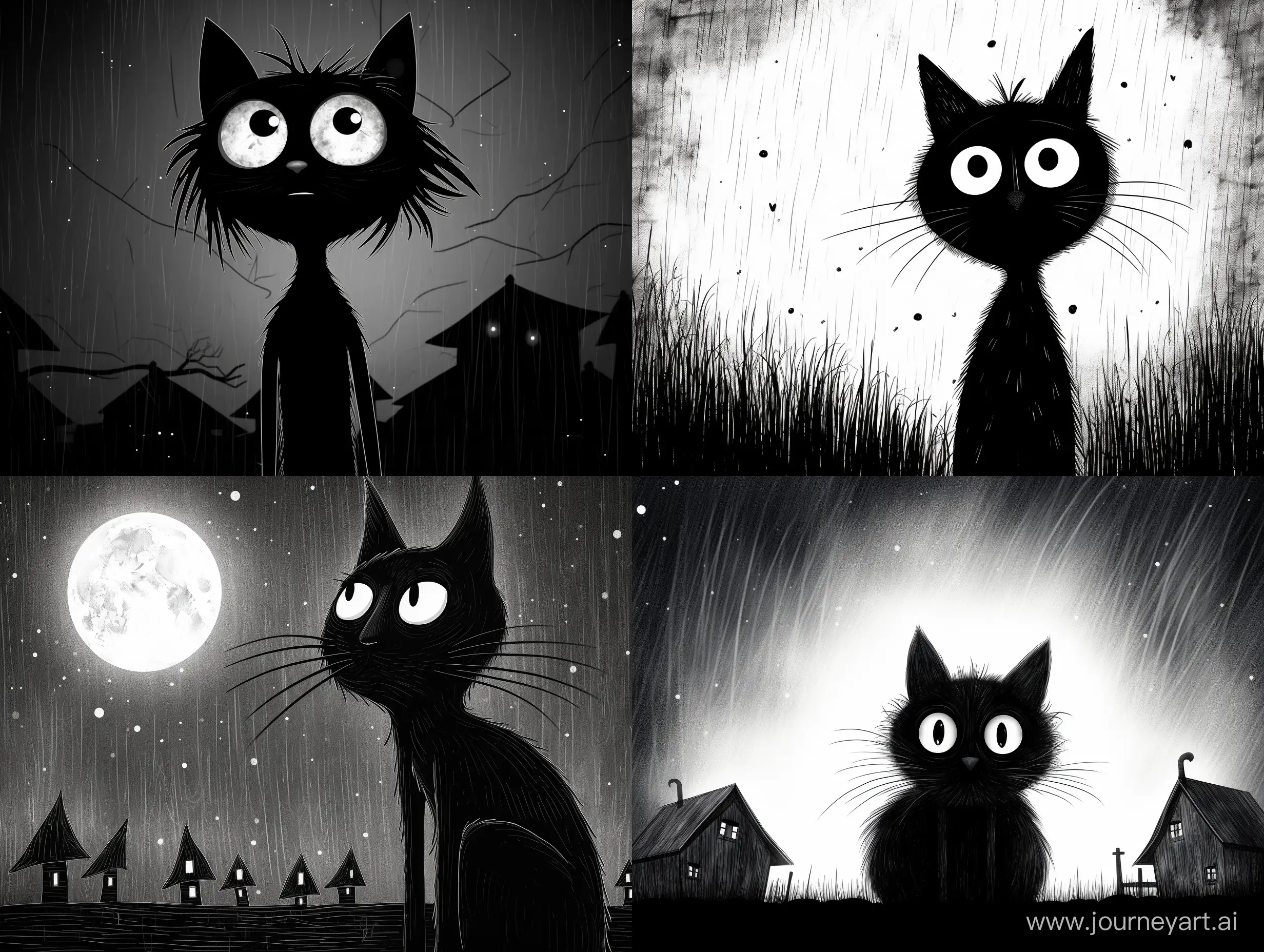 Quirky-Tim-Burton-Style-Disheveled-Black-and-White-Cats-on-Moonlit-Rooftop