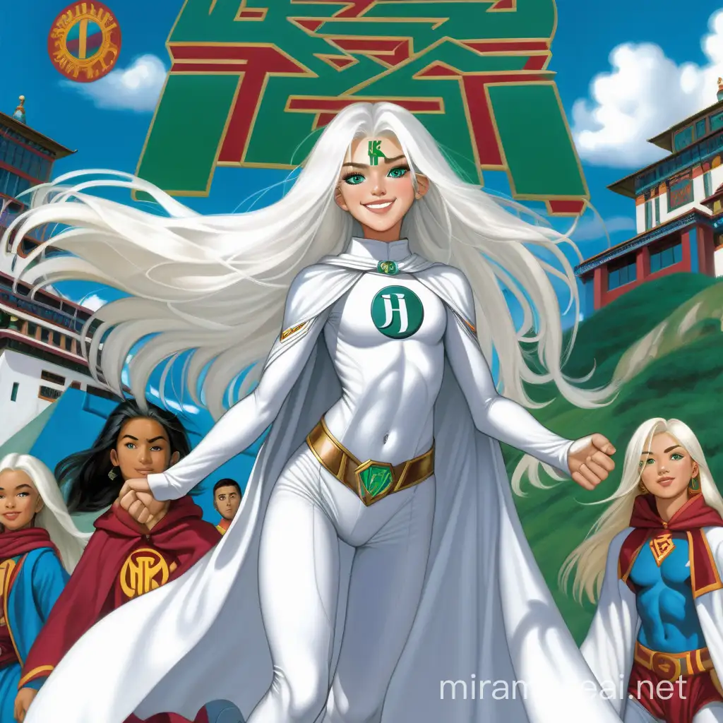 Ethereal WhiteHaired Superhero in Traditional Monastery