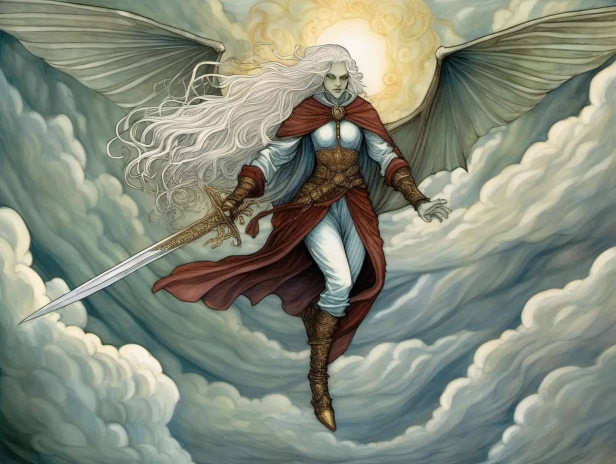exalted redeemed demon, wings, nimbus halo, long white hair, giant sword, flying down from the clouds, medieval fantasy, Rebecca Guay