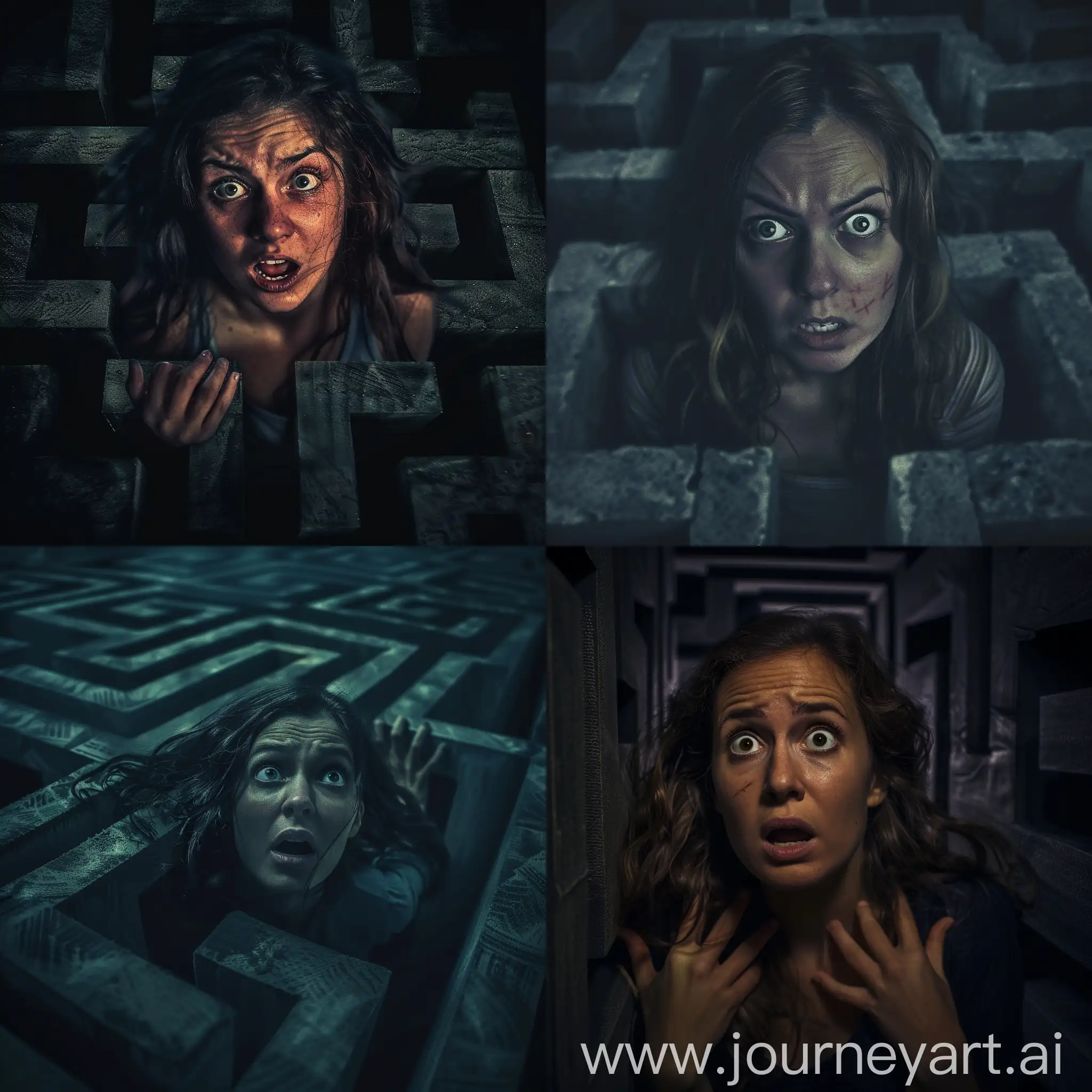 woman with a scared and frightened face, in the middle of a dark maze