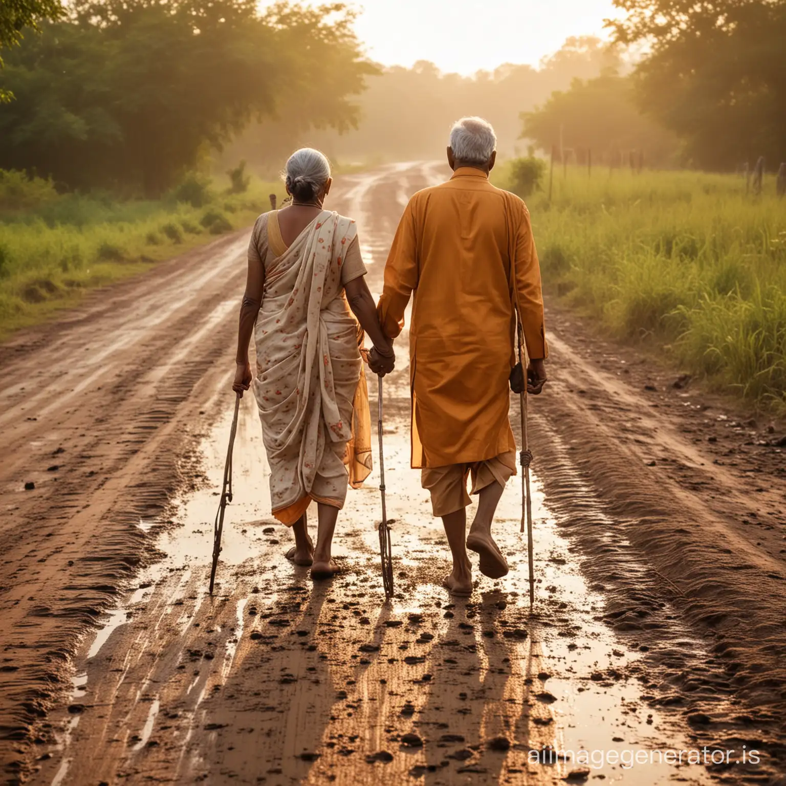 behind the camera An indian Old age couple walking on a muddy road with setting sun on his back drop, with a walking stick in one hand. His dress is not new, a woman passing him, Indian village as theme