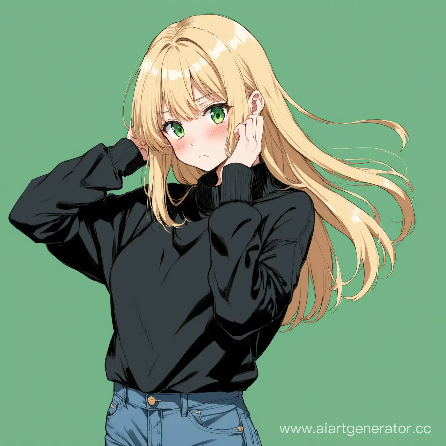 аниме девочка блондинка в чёрный свитере и джинсах во весь рост стесняется трогает волосы и уводит голову в сторону на зелёном фоне