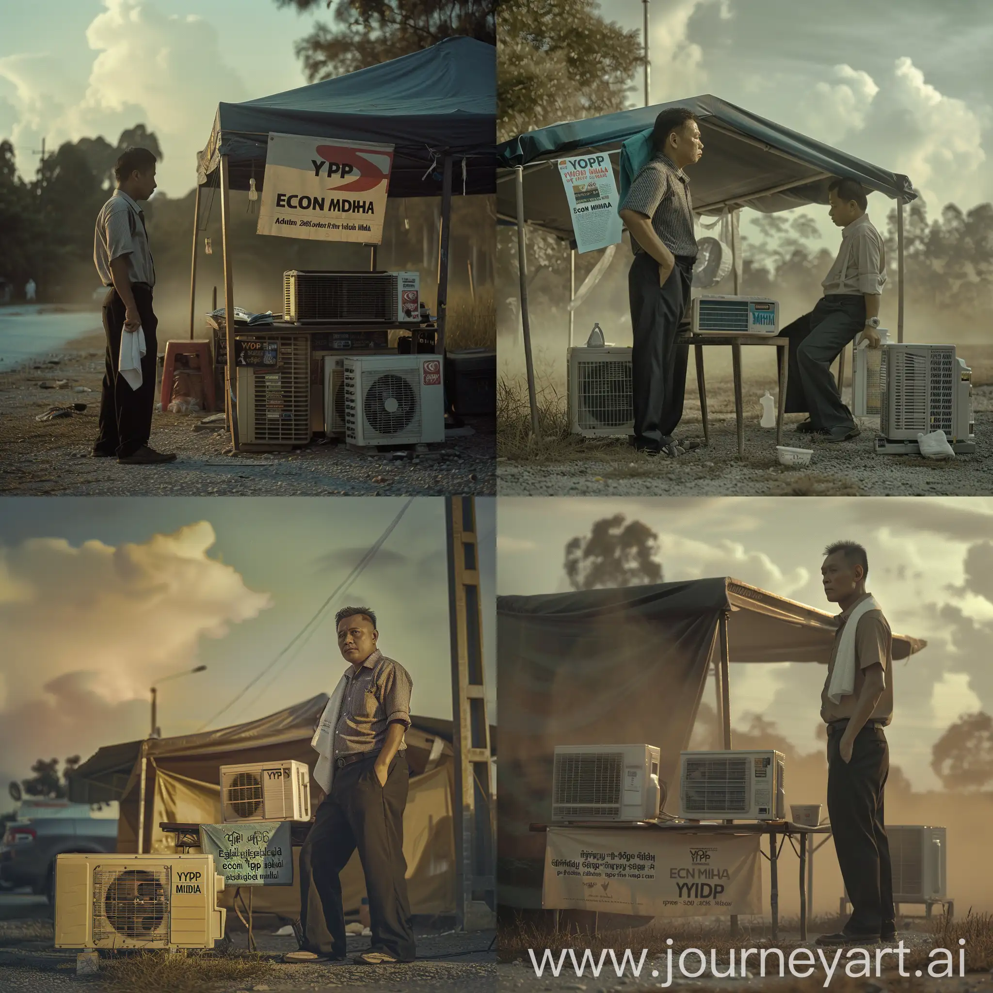 Malay-Man-Selling-Air-Conditioners-Under-Small-Tent-at-Dusk