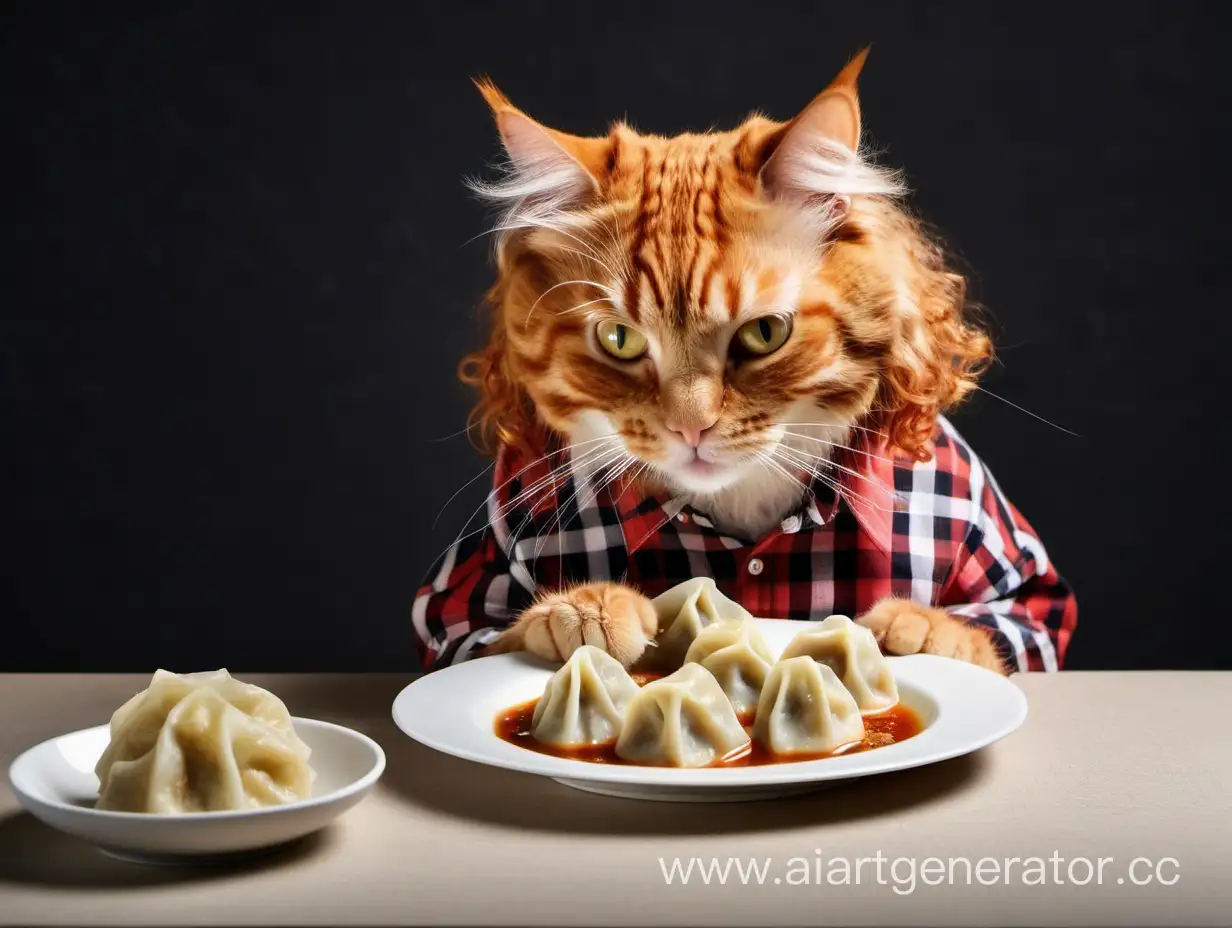 Curly-Ginger-Cat-Enjoying-Dumplings-in-Plaid-Shirt