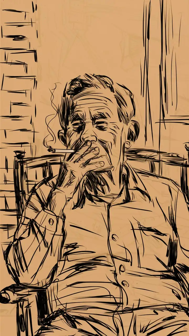 Sketch de Un anciano fumando cigarrillo
 , hecho solo con trazos, no realismo , solo trazos, 