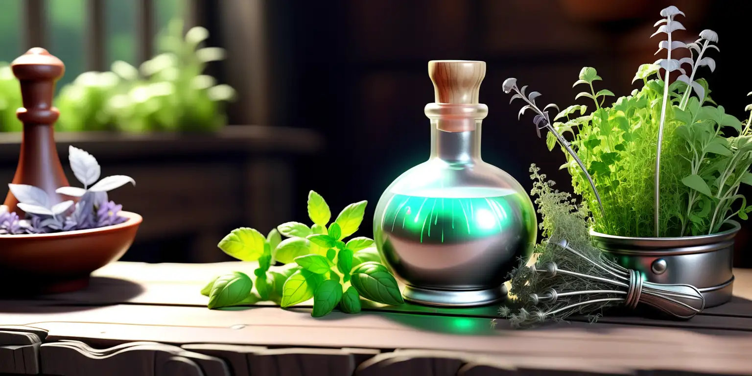 A magic silver liquid potion in a glass bottle, on a wood table with herbs surrounding it