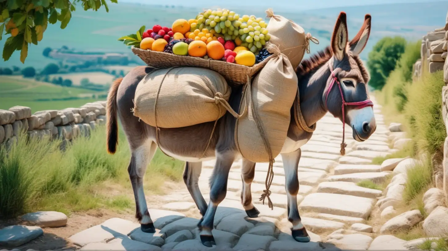 epoque biblique, un âne peine beaucoup à  porter beaucoup de sacs et de sacoches trop lourds remplis de beaux fruits colorés, il marche sur un chemin pierreux, dans le fond des fermes antiques, plein été, campagne 