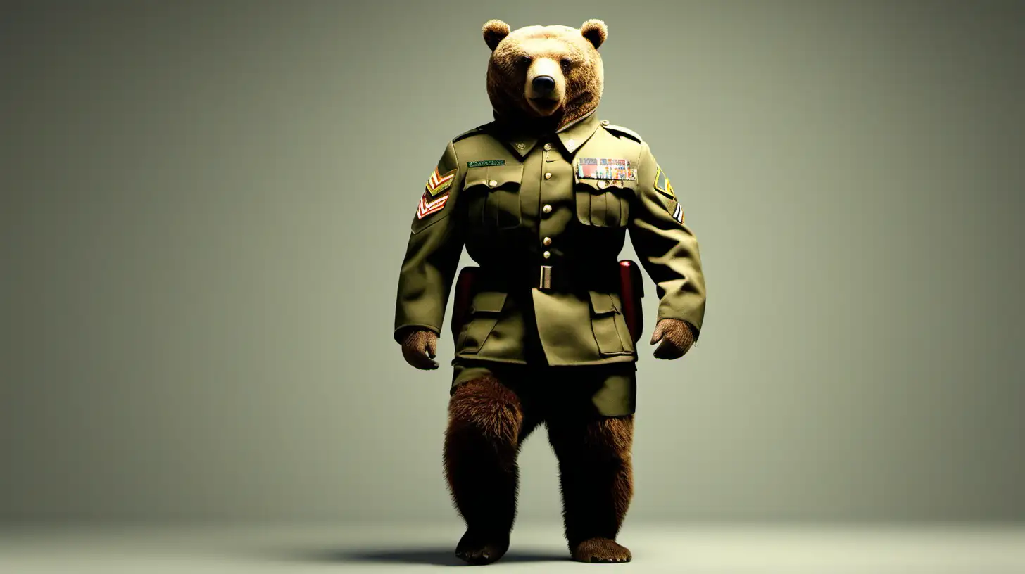 Private Brown Bear in Army Uniform Walking