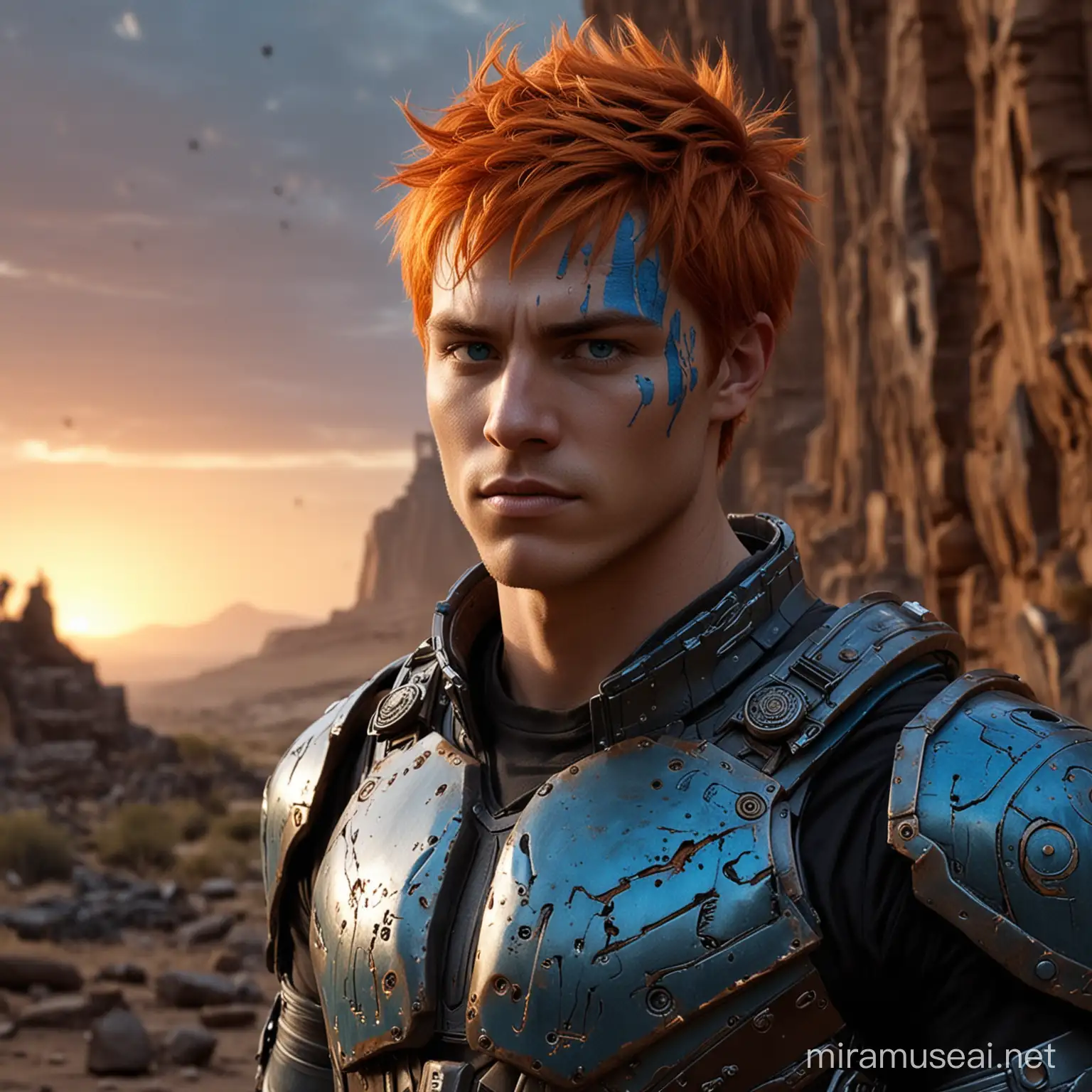 Character: Curtis Takara, a young psionicist with orange hair that flares between sunset and ember hues. His eyes are cool piercing blue, etched with fine lines hinting at a wisdom beyond his years.

Body: Lean and muscular physique, sculpted by years of psionic training. Worn, hi-tech combat armor with a sleek, black exoskeleton and glowing blue accents follows the contours of his muscles.  Precise and controlled movements.  A worn psionic dampener ring adorns his finger.

Clothing:  A dark, moisture-wicking undersuit visible beneath the armor.  Comfortable cargo pants with integrated knee pads complete the outfit.

Expression: A serious expression with a hint of hidden curiosity in his eyes.  A faint aura of power crackles around him.

Items:  An ornately carved pendant hangs around his neck, glowing with a faint inner light.

Background: A desolate alien landscape with a crashed spaceship or ancient ruins in the distance.