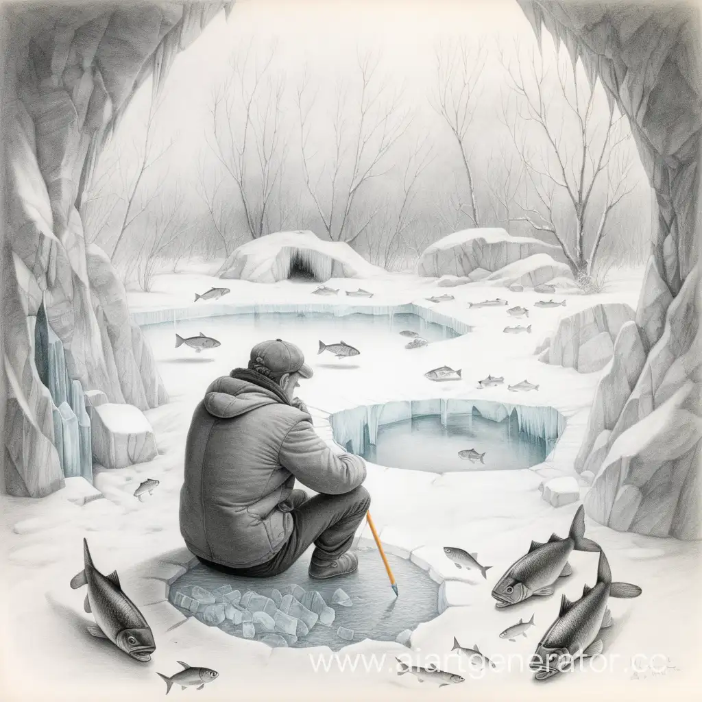 рисунок карандашом, мужчина сидит около проруби и рыбачит