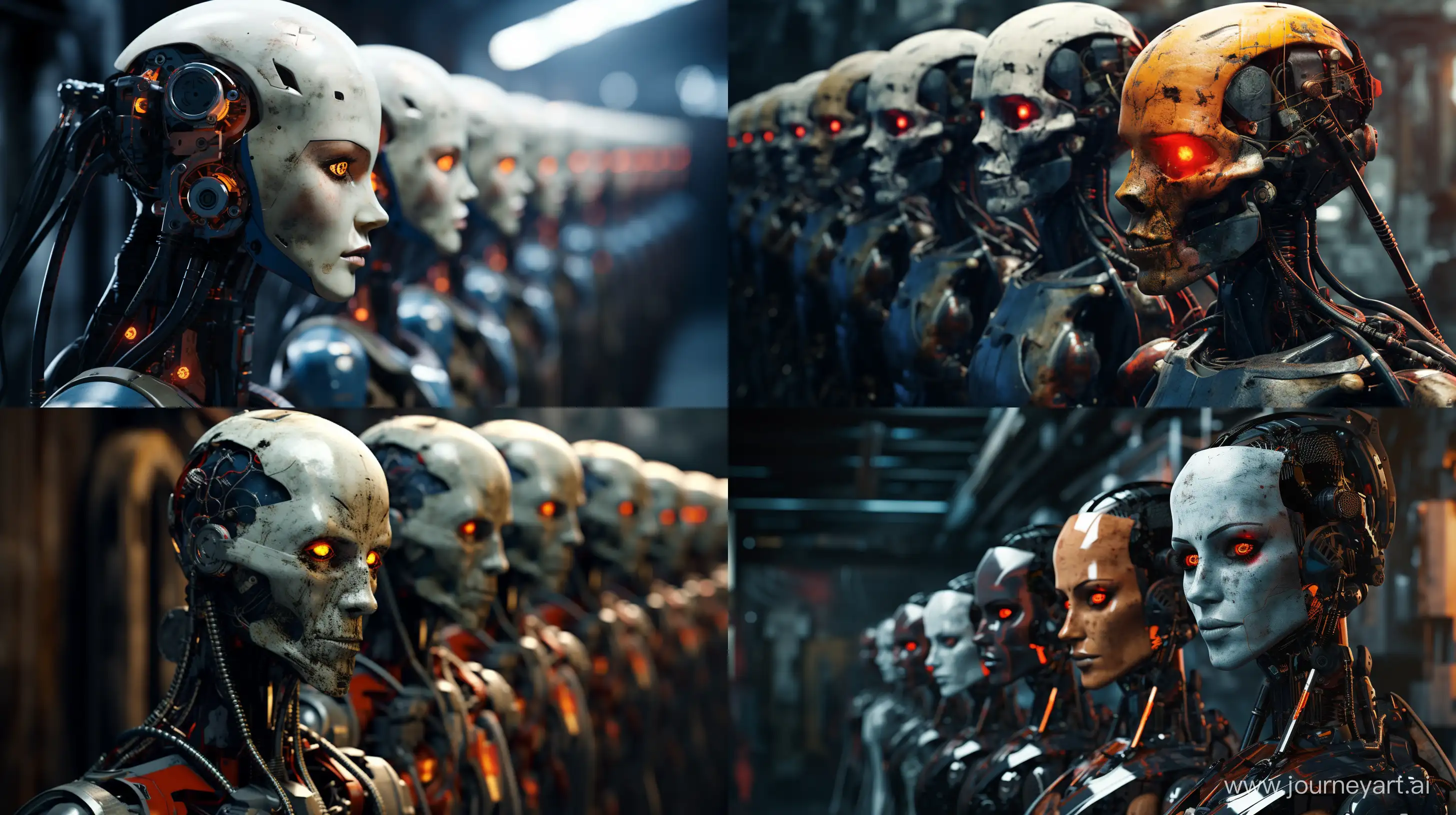 a line of humanoid robots in a state of disrepair or abandonment. They have a futuristic design with sleek surfaces and intricate mechanical details. The robots are colored differently, with the one in the foreground being orange and black, while those behind it are blue and red. They have dark visors instead of eyes, contributing to their enigmatic look. The setting is an outdoor, desolate environment, possibly after recent rain, as indicated by the moisture on the robots. The atmosphere is eerie, enhanced by the bare tree branches in the background. The robots show signs of wear, like scuffs and dirt, suggesting they’ve been exposed to the elements for some time. --ar 16:9