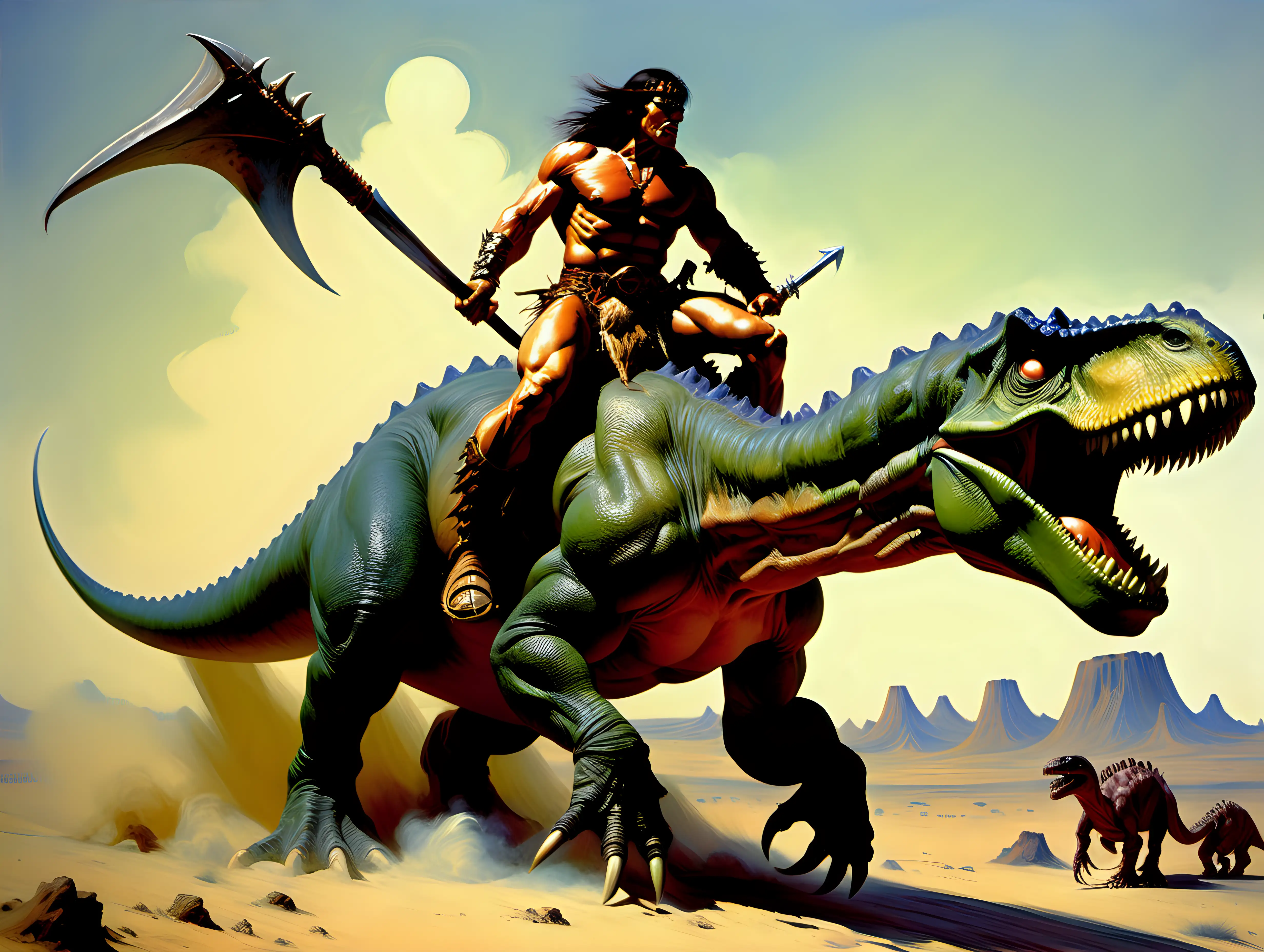 Conan the Barbarian Riding a Dinosaur in Epic Frank Frazetta Style