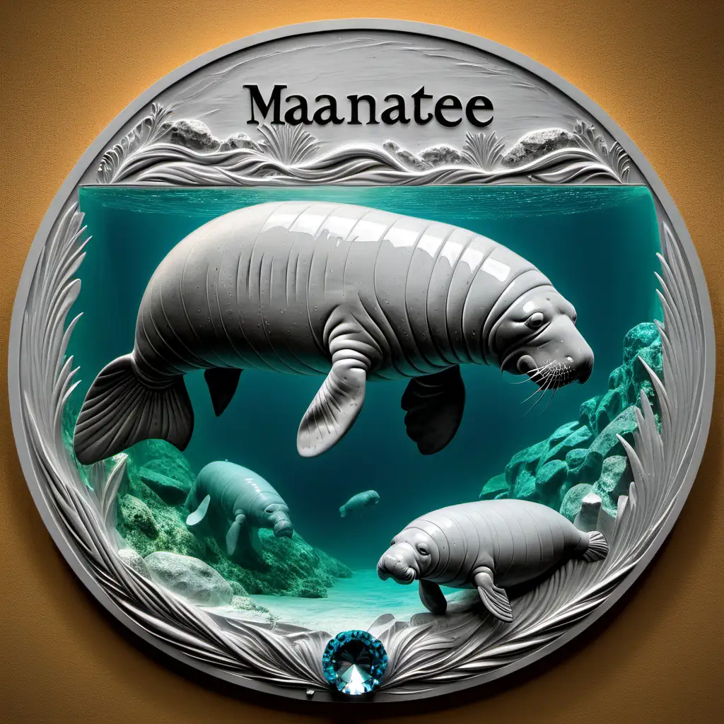 bass relief of mantatee, with baby, round, with Crystal River Written at bottom