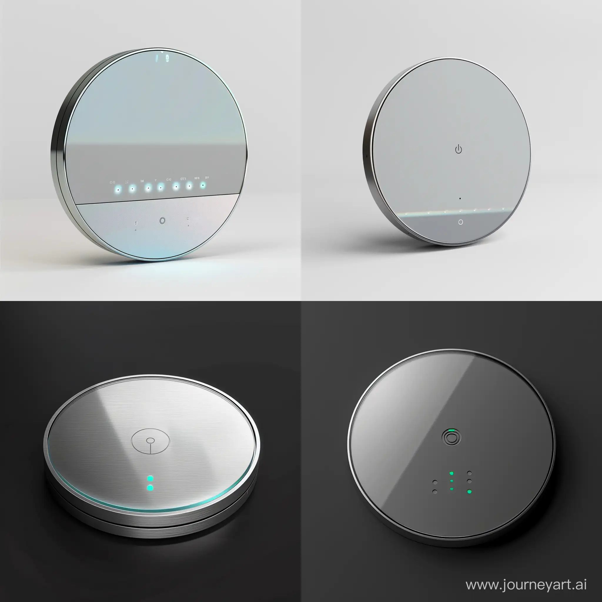 "Envision a minimalist, disc-shaped smart energy monitor crafted from recycled aluminum with a sleek, glass touch-sensitive surface. This device, approximately 10 cm in diameter and 1.5 cm thick, combines elegance with functionality, embodying Scandinavian design principles. Its matte silver or space gray body is accented with a subtly engraved logo, and LED indicators beneath the glass surface illuminate to display energy consumption data. The design is unobtrusive, meant to seamlessly integrate into any modern smart home environment, promoting active engagement with energy usage through simplicity and intuitive interaction."realistic style