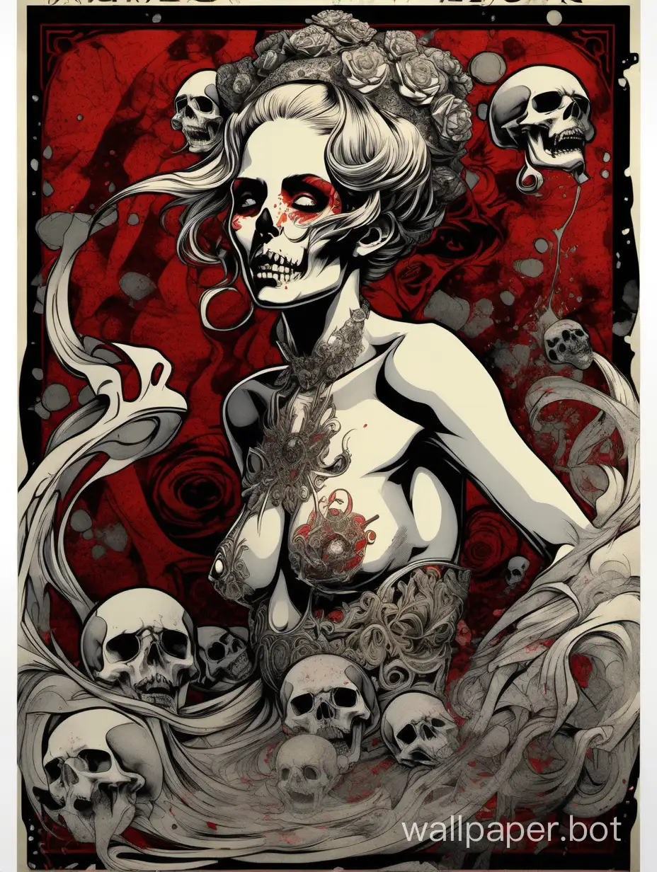 skull venus odalisque, full body , sexy crazy face, explosive open mouth with tongue, chaos ornamental, short hair, darkness, assimetrical, japanese poster, torn poster edge, alphonse mucha hiperdetailed, highcontrast, black white red gray, explosive dripping  colors, sticker art