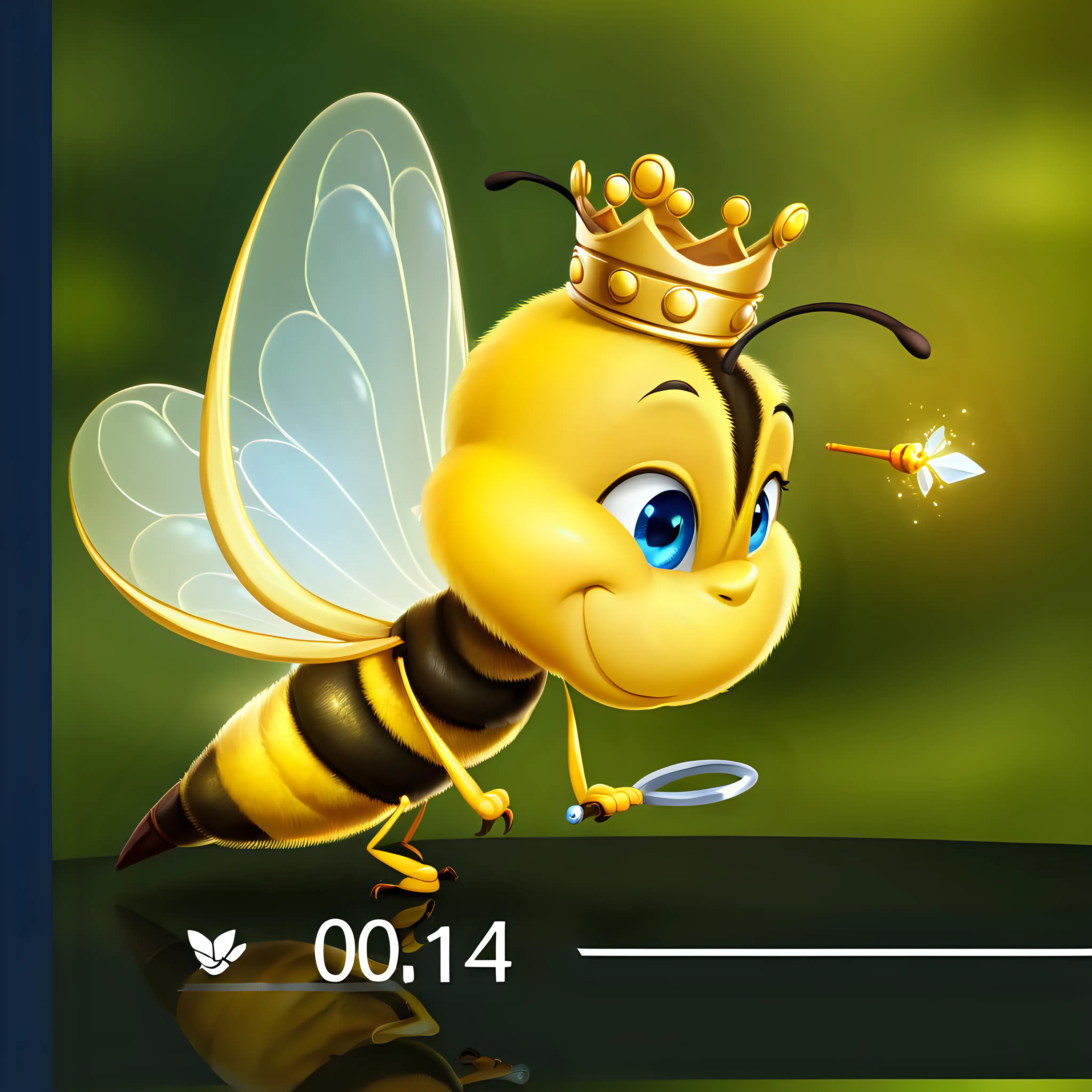 一只可爱的小蜜蜂，微笑着，蓝色的眼睛，煽动着翅膀，戴着皇冠，手握着权杖宝，收起了双腿，侧身准备飞走