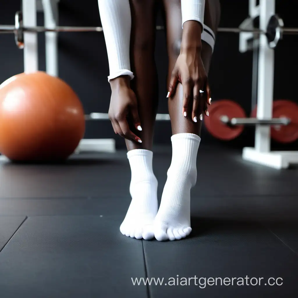 Black skin women smile face show feet in white socks gym