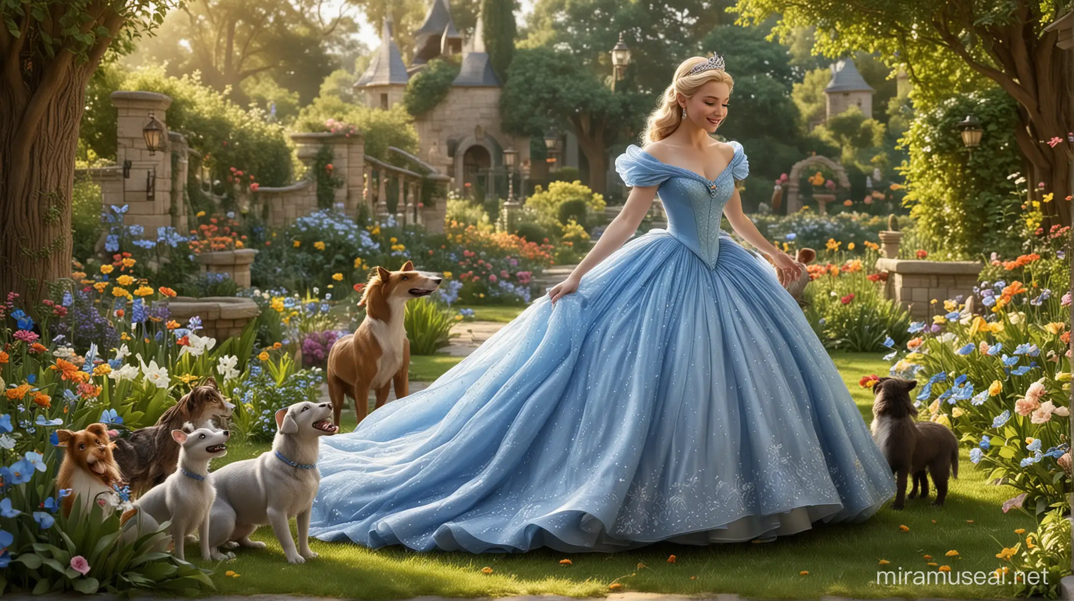 A disney princess "Cinderella" wearing her beautiful blue dress and playing with her animal friends in a beautiful garden and feeding them